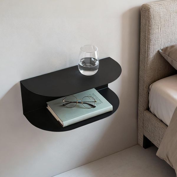Zweier Set schwebender haengender Metallnachttische in Schwarz, minimalistisches platzsparendes Moebelpaar 40 x 20 cm