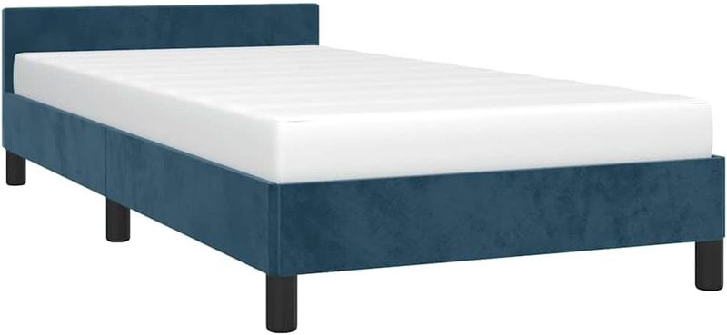 Edles dunkelblaues Samteinzelbett mit gepolstertem Kopfteil, hochwertiges Schlafzimmermoebel mit stabilem Lattenrost 90 x 190 cm