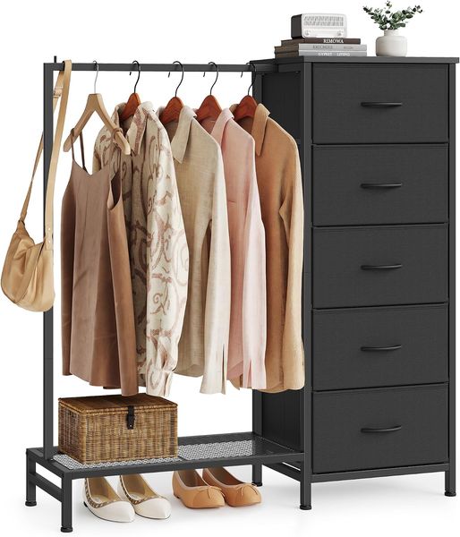 Tintenschwarze Multifunktionskommode mit fuenf Stoffschubladen, Kleiderstange und Schuhablage, praktische Aufbewahrung fuer Flur und Schlafzimmer 96,2 x 30 x 117,7 cm