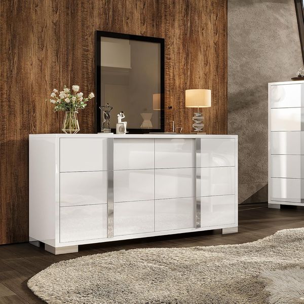 Elegante minimalistische Hochglanz-Kommode in Weiss mit sechs Schubladen, geraeumiger Aufbewahrungsschrank fuer Wohnzimmer, Schlafzimmer und Ankleidezimmer