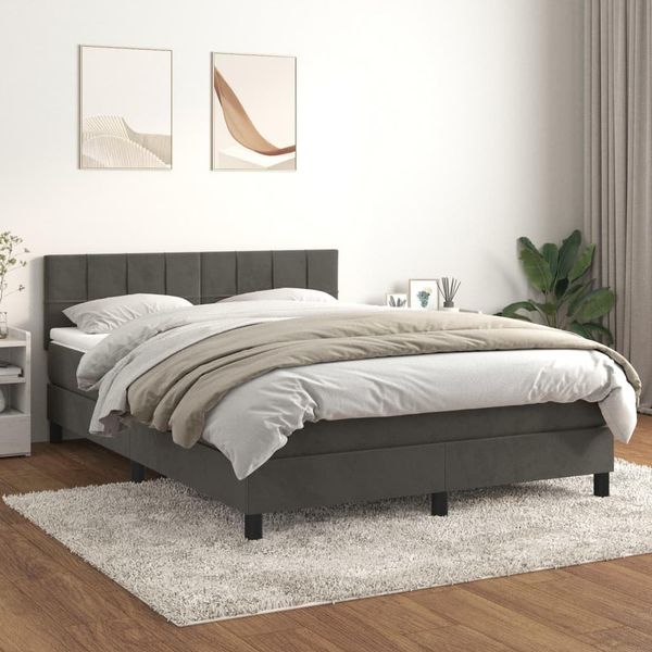 Dunkelgraues Samt-Boxspringbett mit quadratischer Steppung und inkludierter Matratze, luxurioeses Schlafmoebel 140 x 200 cm