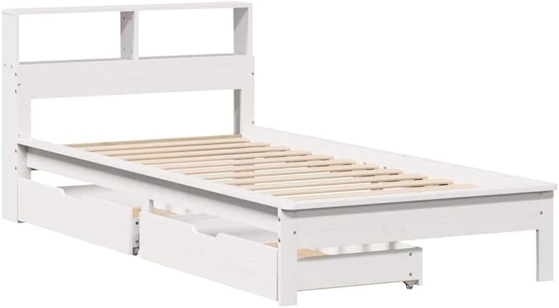 Praktisches Kiefernholz-Bettgestell ohne Matratze mit integriertem Buecherregal, platzsparende Schlafzimmereinrichtung 75 x 190 cm