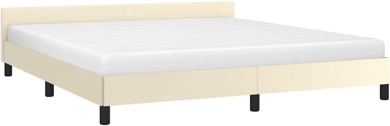 Cremeweisses Kunstleder-Doppelbett mit dekorativem Kopfteil, edles gepolstertes Schlafzimmerbett 180 x 200 cm