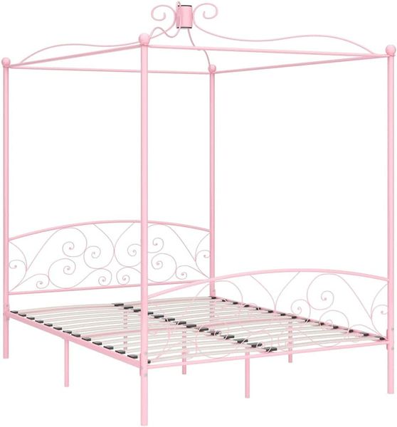 Rosa metallenes Himmeldoppelbett mit klassischem Lattenrost, romantisches Ehebett als stilvolles Schlafzimmermoebel 160 x 200 cm
