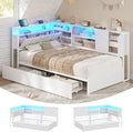 Weisses multifunktionales Jugend-Tagesbett mit Metalllattenrost, LED-Beleuchtung und Ladestation, zahlreichen Stauraummoeglichkeiten 90 x 200 cm