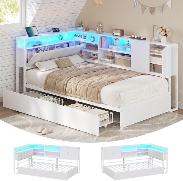 Weisses multifunktionales Jugend-Tagesbett mit Metalllattenrost, LED-Beleuchtung und Ladestation, zahlreichen Stauraummoeglichkeiten 90 x 200 cm