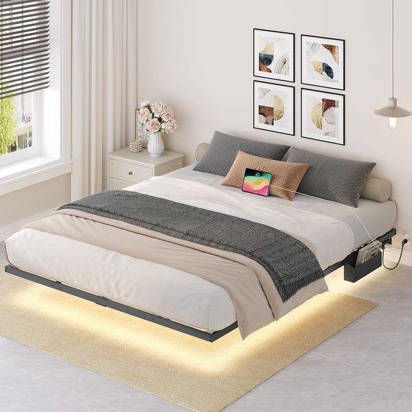 Schwarzer schwebender Metall-Doppelbettrahmen mit LED-Streifen und integrierter Ladestation, modernes Schlaf- und Gaestebettgestell 160 x 200 cm