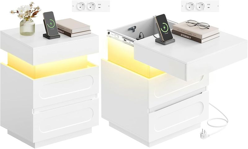 Zweier Set weisser moderner Nachttische mit LED-Beleuchtung, Ladefunktion, zwei Schubladen und praktischem Geheimfach 45 x 58 x 40 cm