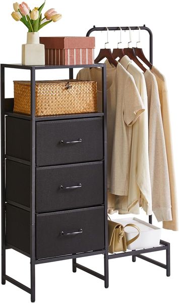 Schwarze multifunktionale Kommode mit drei Schubladen, Regalen und wendbarer Kleiderstange, passend fuer Eingangsbereich, Wohn- und Schlafzimmer